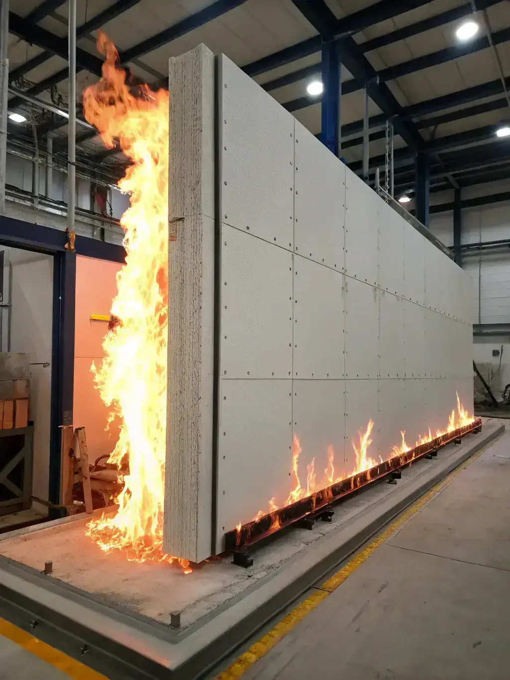An image depicting a fire-resistant test being conducted on a HAUS Offsite panel, showcasing its ability to withstand high temperatures and prevent the spread of fire.